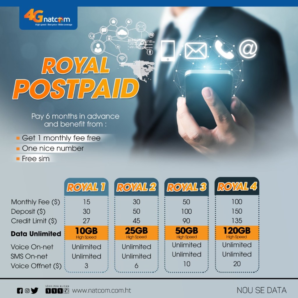 Royal Post-paid: la Natcom fournit data, appels et SMS illimités, avec opportunité de payer par la&nbsp;suite