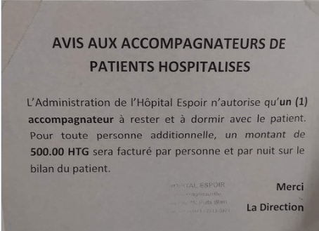 500 gourdes par jour pour dormir avec un patient à l&rsquo;hôpital&nbsp;Espoir