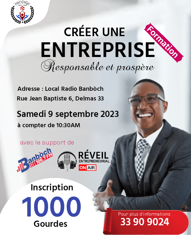 9 septembre 2023 : Réveil Entrepreneurial, Radio Banbòch et Prodige Association organisent une grande séance de formation sur l&rsquo;entrepreneuriat responsable et&nbsp;prospère