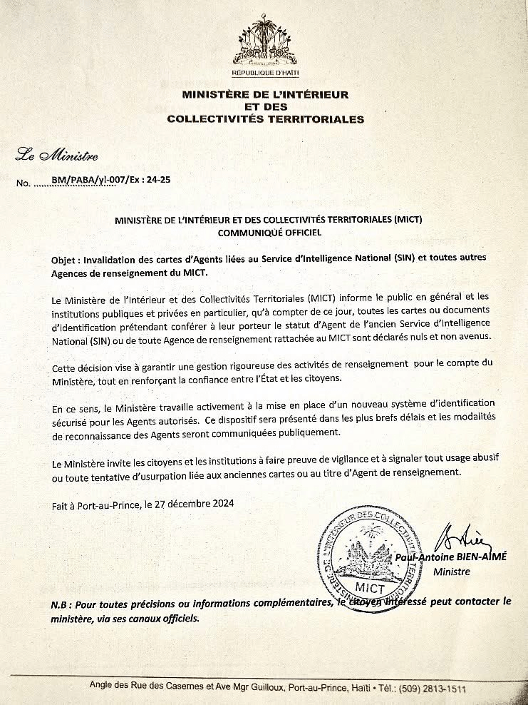 MICT : Invalidation des cartes d&rsquo;agents du Service d’Intelligence National&nbsp;(SIN)