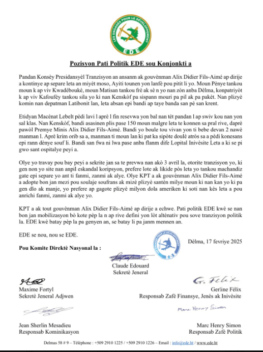 Haïti : Le Parti Politique EDE se positionne sur la crise&nbsp;sécuritaire