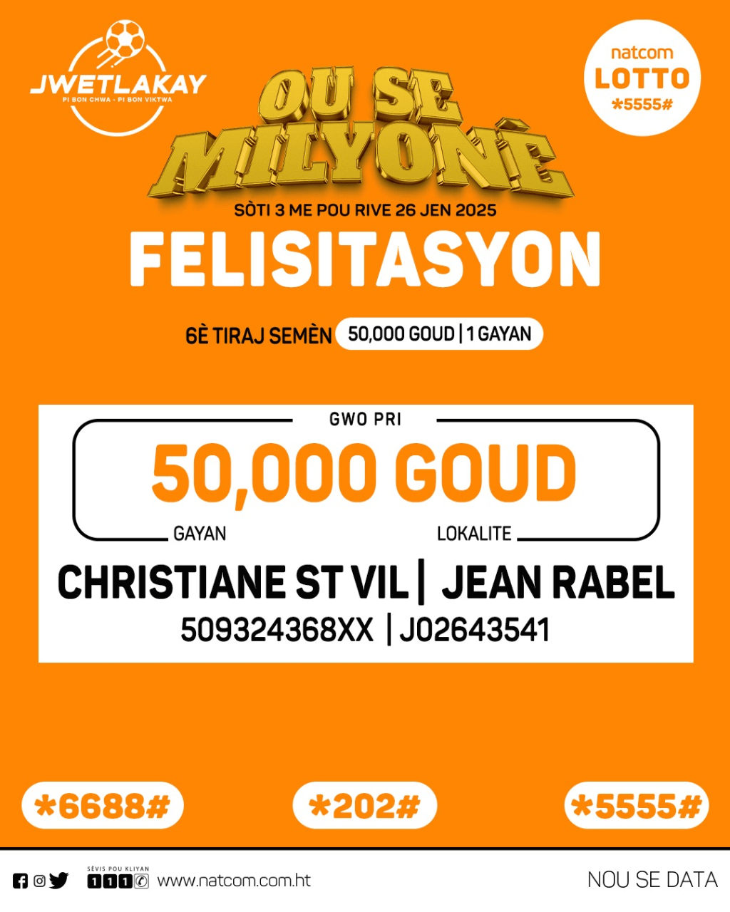 Tirage du Vendredi 20 juin 2025 : La Natcom continue de faire des heureux à travers la promotion « Ou se Milyonè&nbsp;».