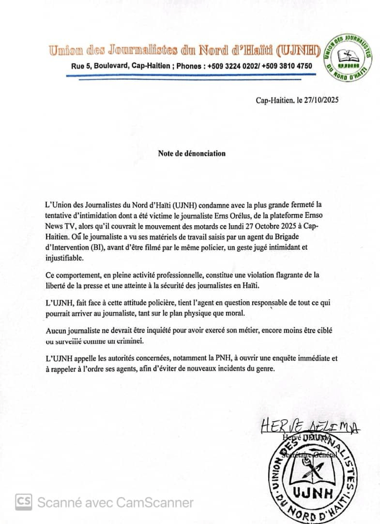 Cap-Haïtien : L’UJNH dénonce une tentative d’intimidation contre le journaliste Ernst&nbsp;Orélus